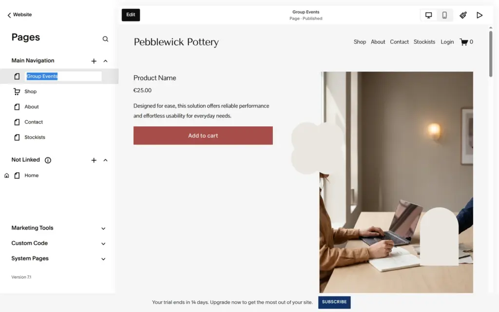 Group event page layout with placeholder product text and an office photo