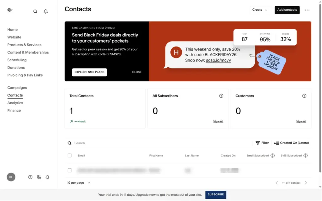 Squarespace Contacts with the form sender, details blurred
