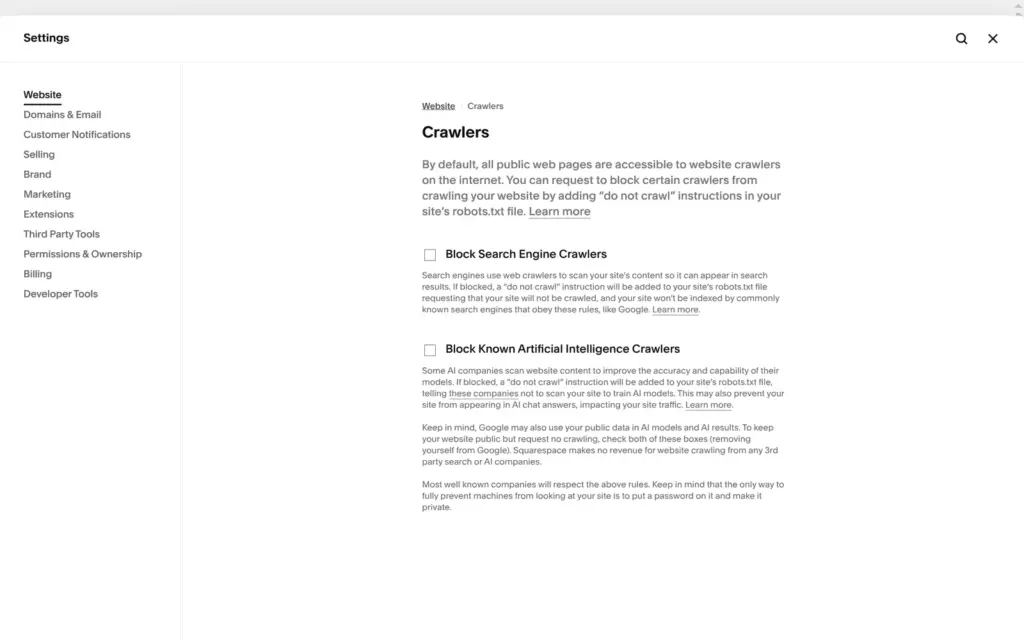 Crawler settings to block search engines and AI crawlers