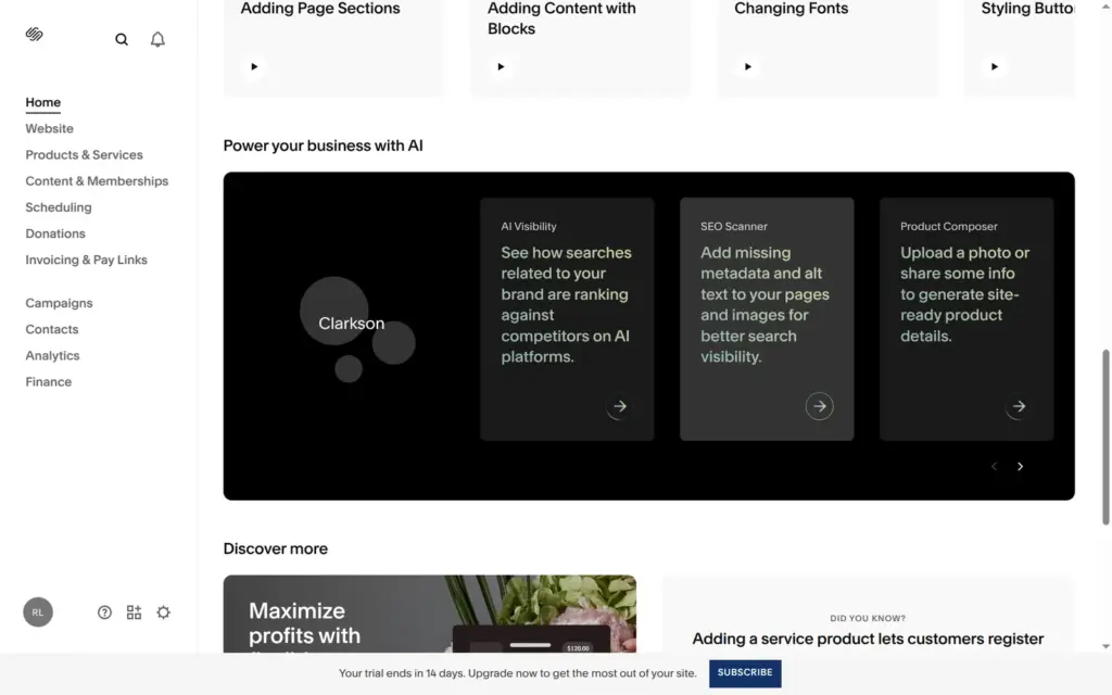 Squarespace dashboard with the AI tools block