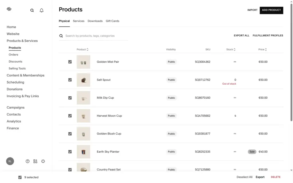 Nine demo products from the template selected for deletion