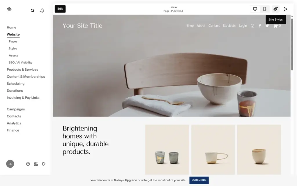 The Squarespace editor with the untouched Ventura template