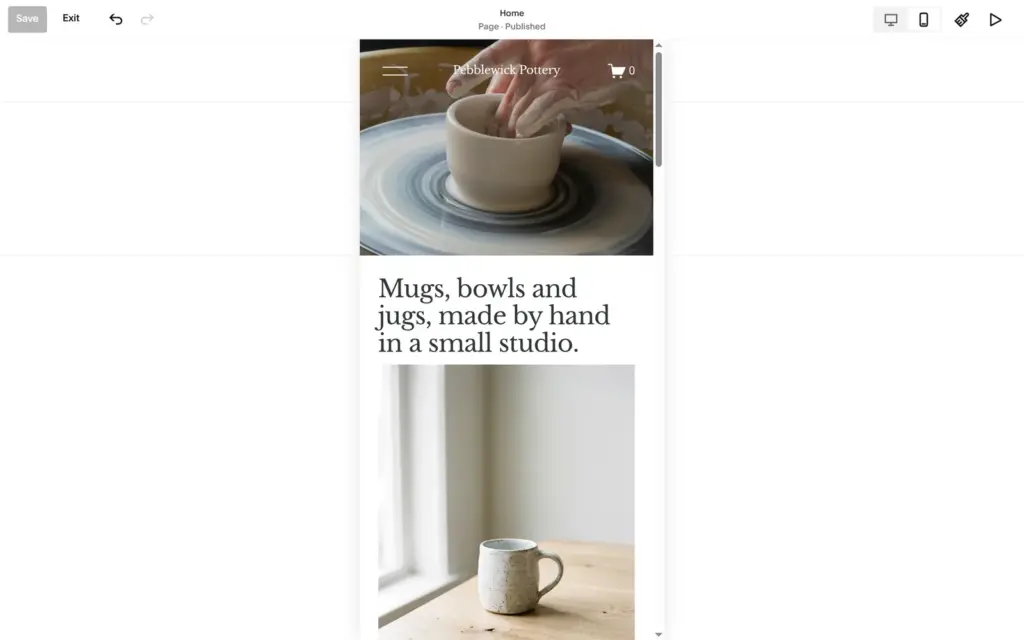 The phone view in the Squarespace editor