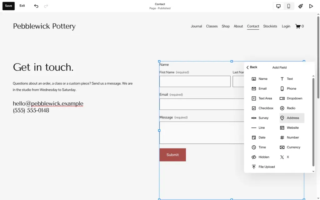 List of form field types in Squarespace