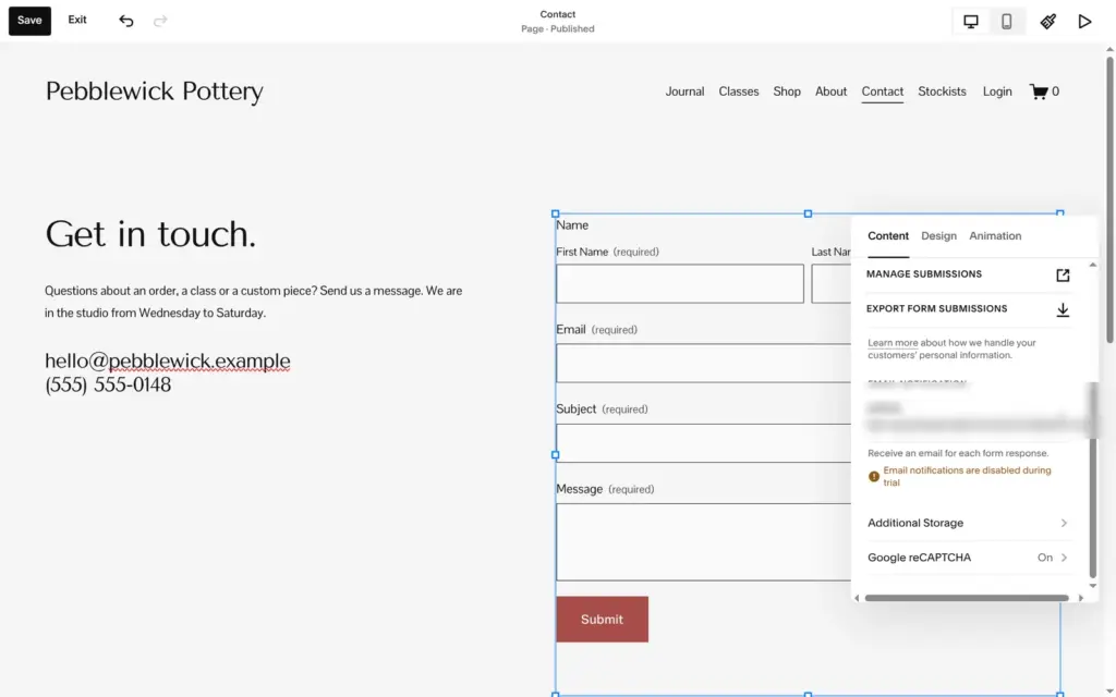 Form settings saying email notifications are disabled during the trial