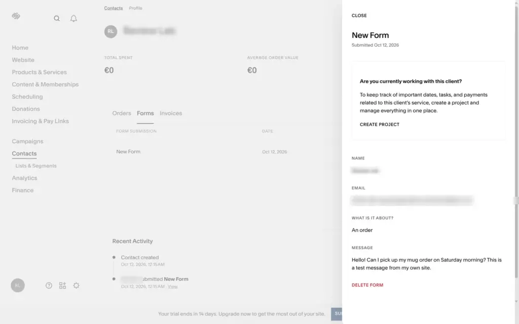 A stored form submission in a contact profile, details blurred