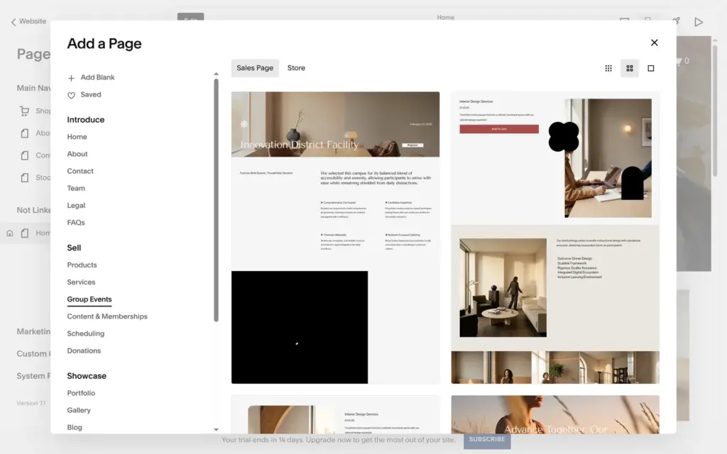 Squarespace page layouts for group events