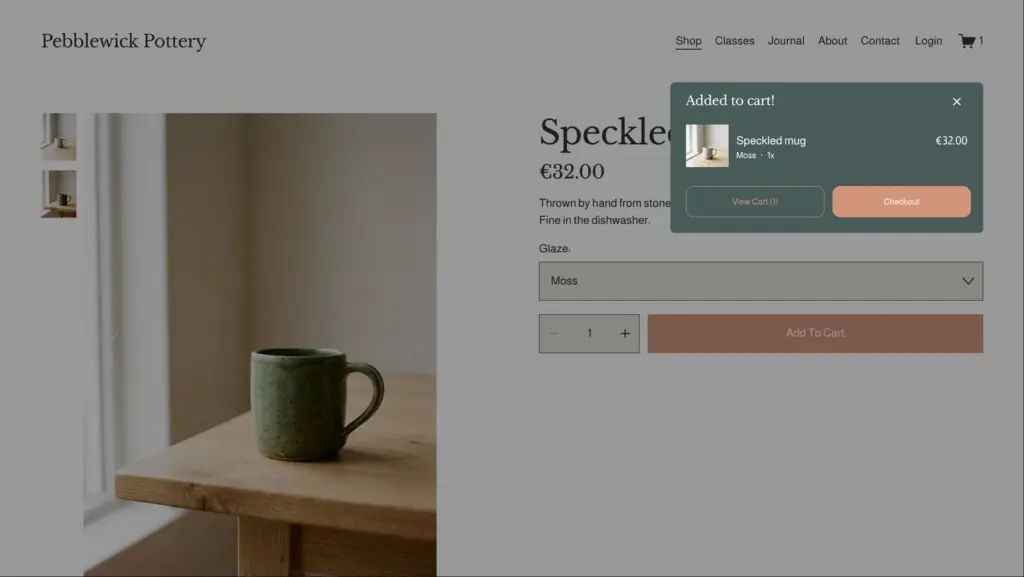 Added to cart popup with the green mug