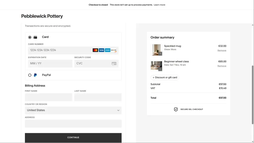 Checkout payment step with the billing country set to United States