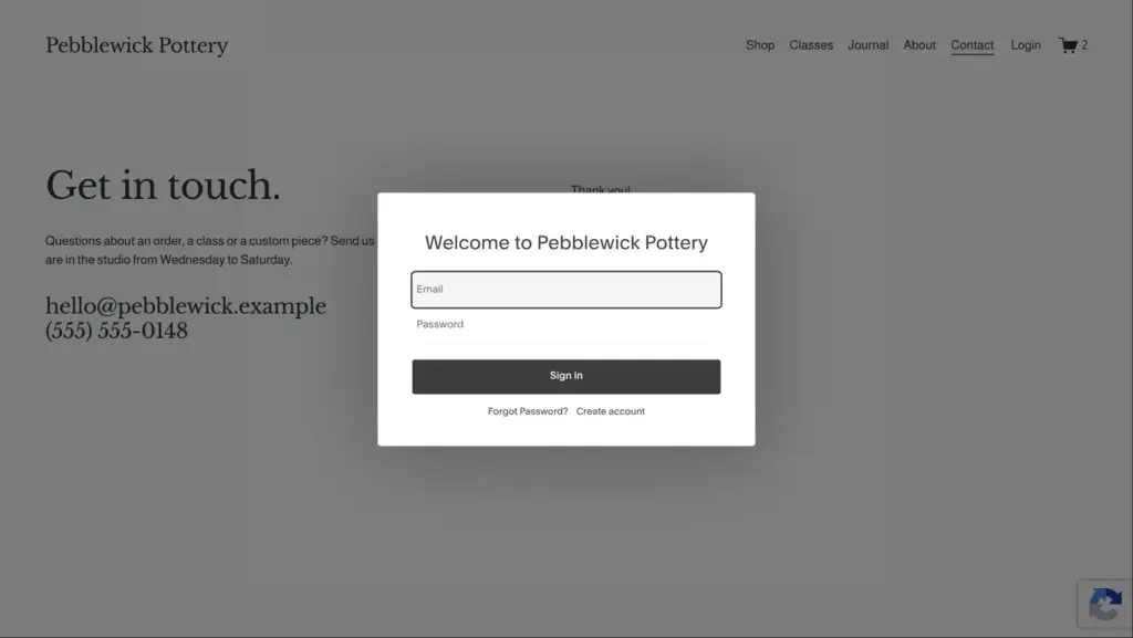 Customer account sign-in window from the template Login link