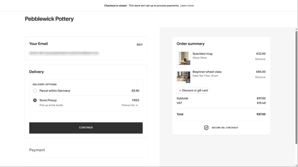 Checkout with store pickup selected and VAT included