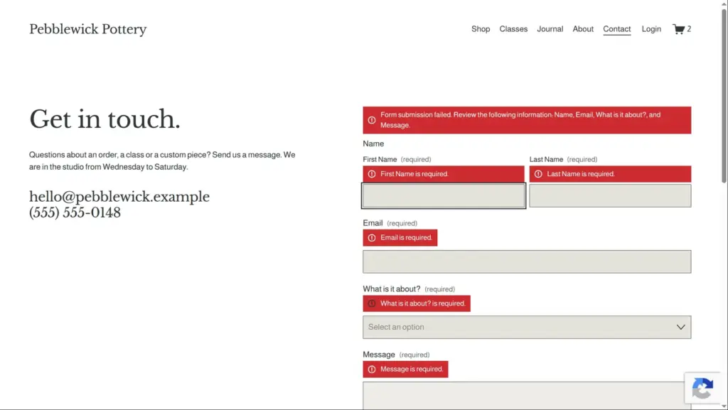 Contact form showing errors for empty required fields