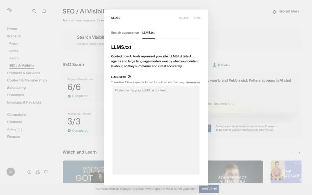 The empty LLMS.txt tab in the Squarespace SEO settings
