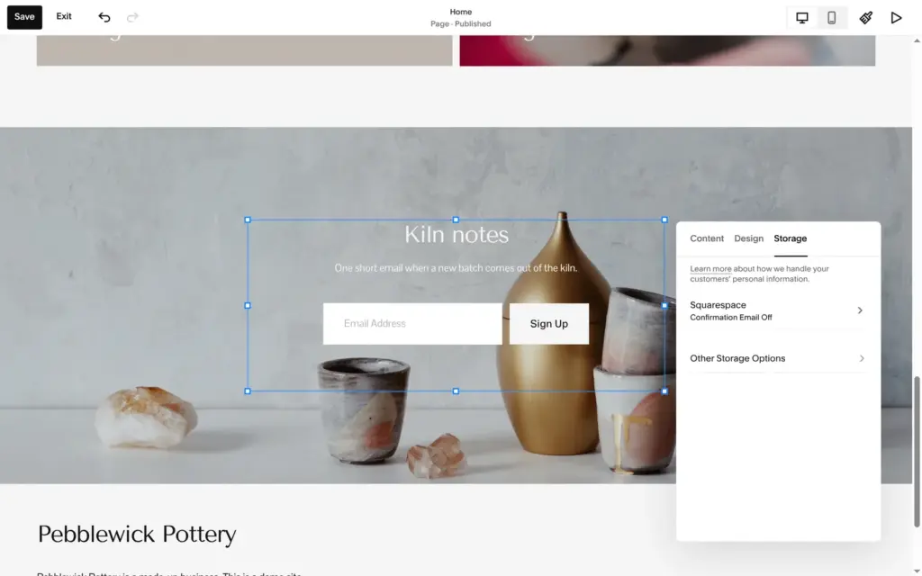 Newsletter block storage settings in Squarespace