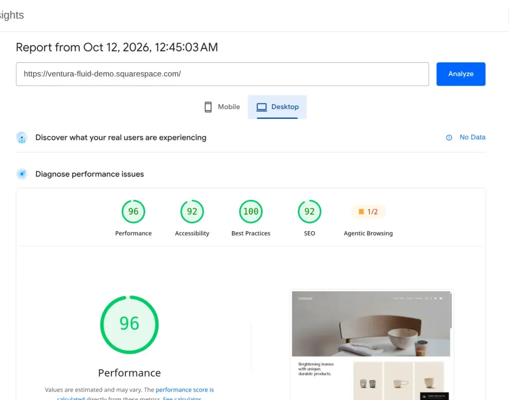 PageSpeed Insights result for the Ventura demo on desktop