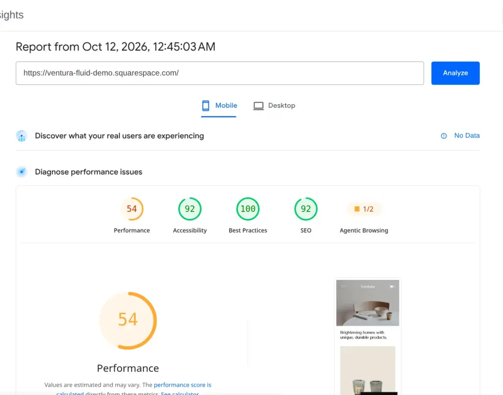 PageSpeed Insights result for the Ventura demo on a simulated phone