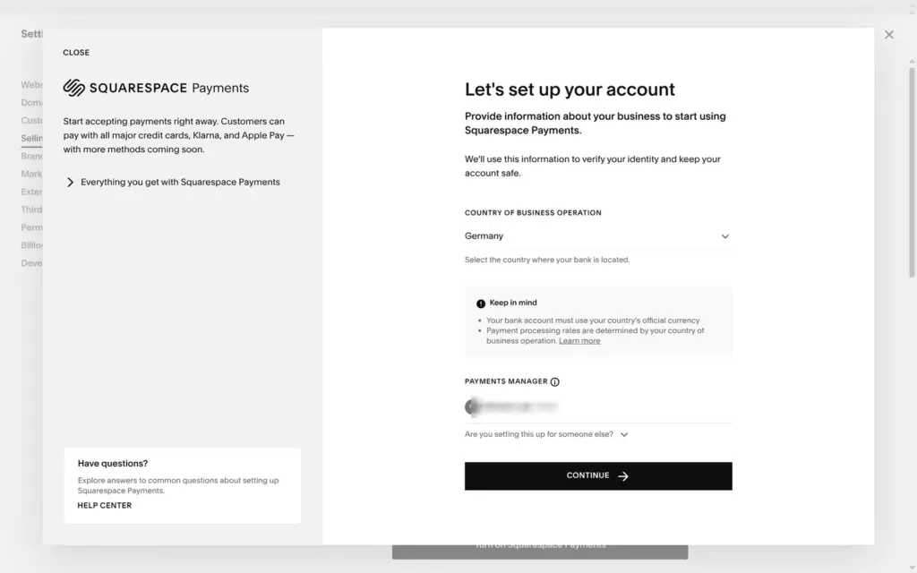 Squarespace Payments setup asking for business details to verify identity