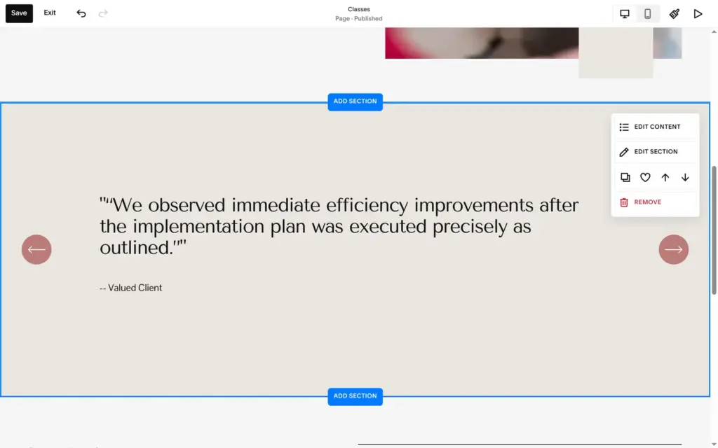 Placeholder testimonial from a Valued Client in the page layout