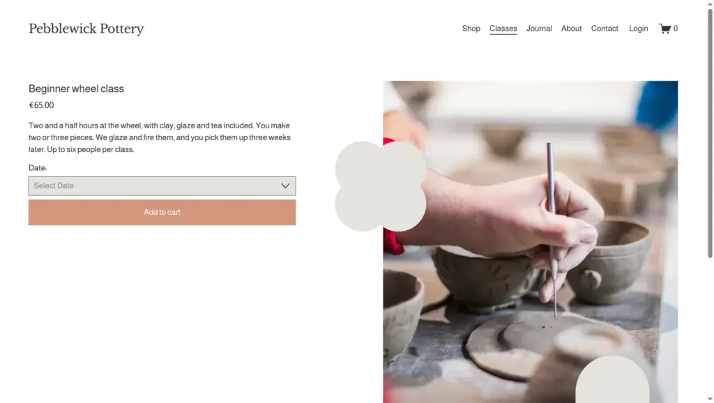 Classes page with the beginner wheel class and a date dropdown
