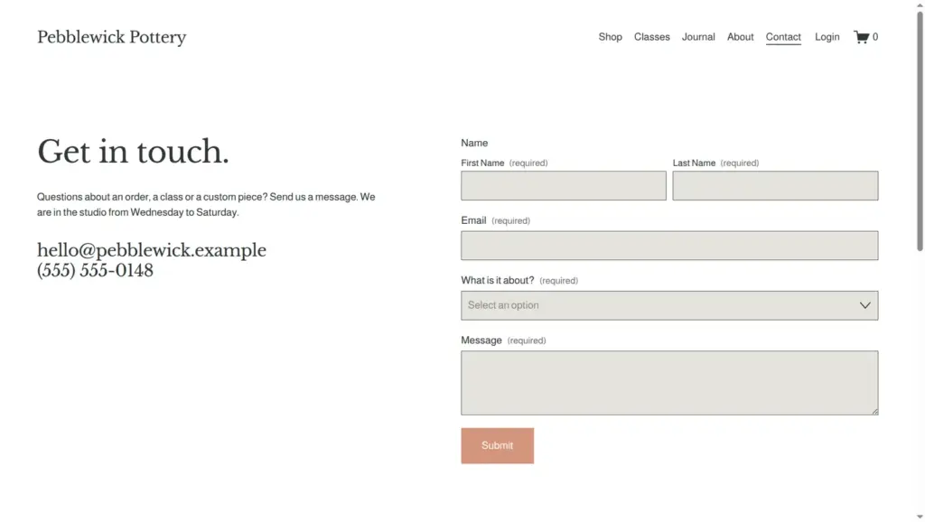 Contact page with the contact form
