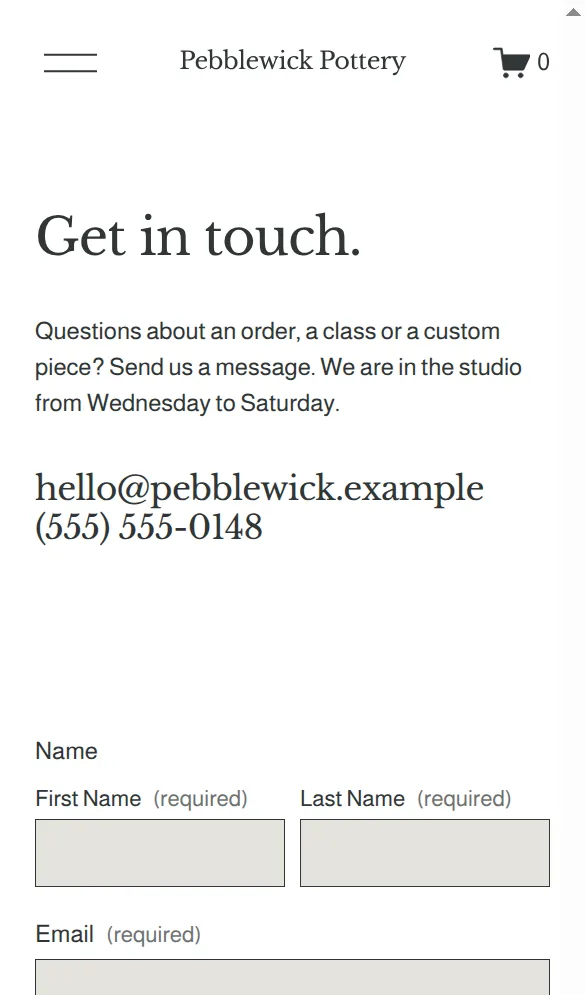 Contact page with the form on a phone