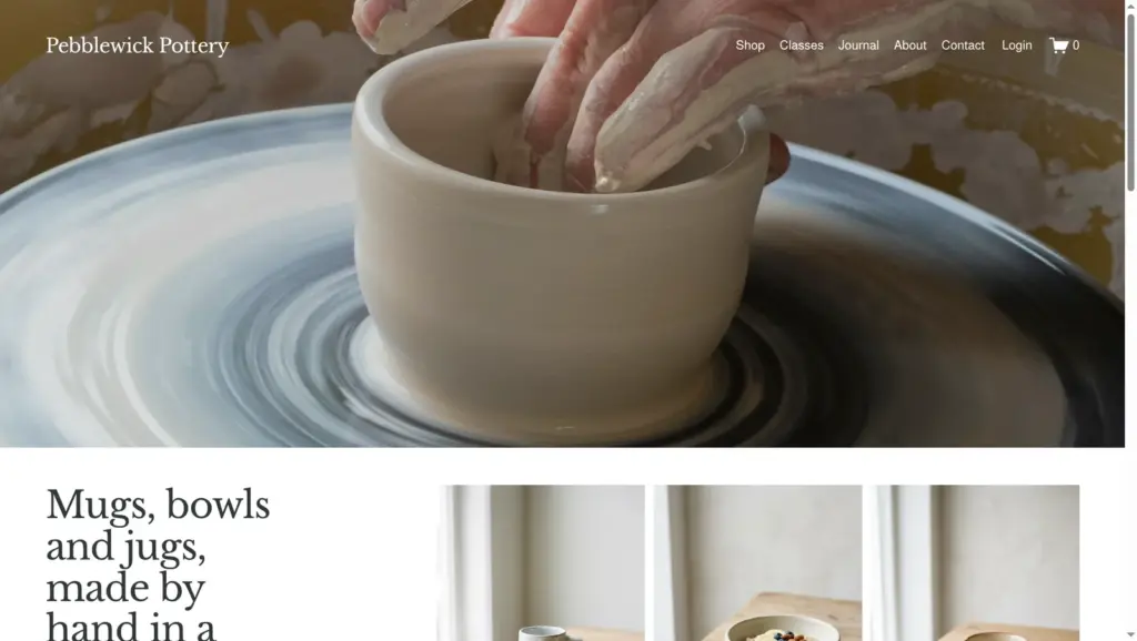 Home page of the Pebblewick Pottery demo shop built with Squarespace, on a computer