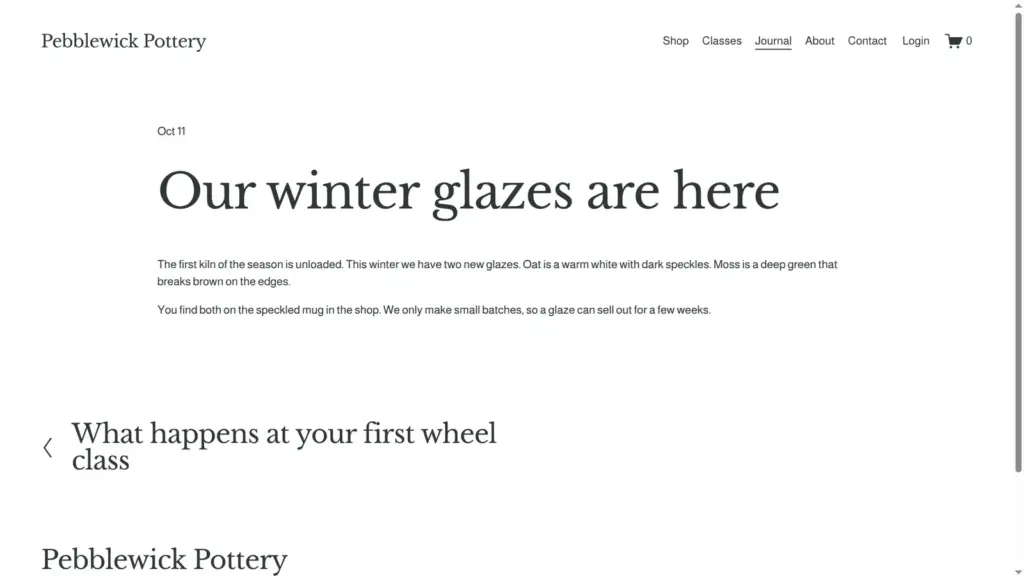 A single blog post on the pottery site
