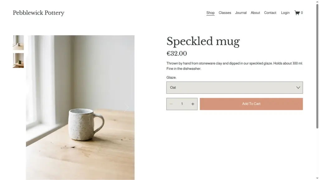 Product page of the speckled mug with a glaze dropdown