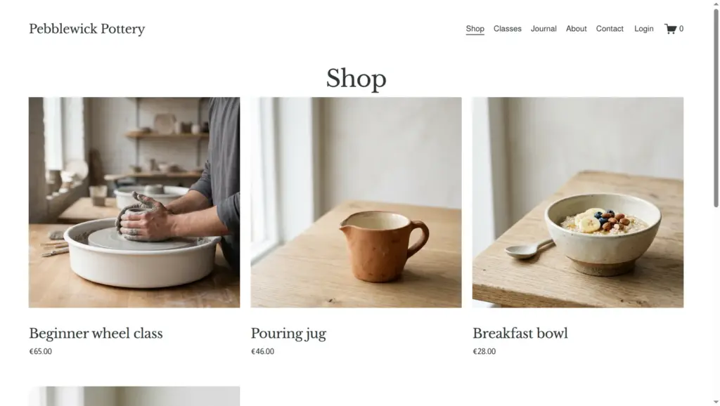 Shop page with the class and three pottery products