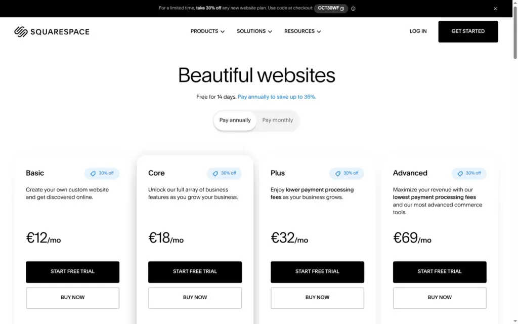 Squarespace pricing page with yearly billing in euros