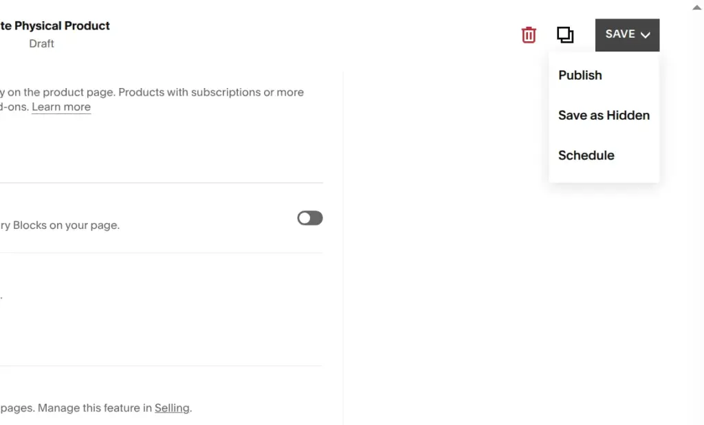 Product save menu with Publish, Save as Hidden and Schedule