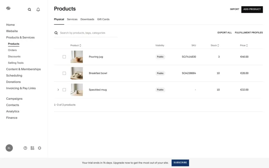 The three products in the Squarespace product list