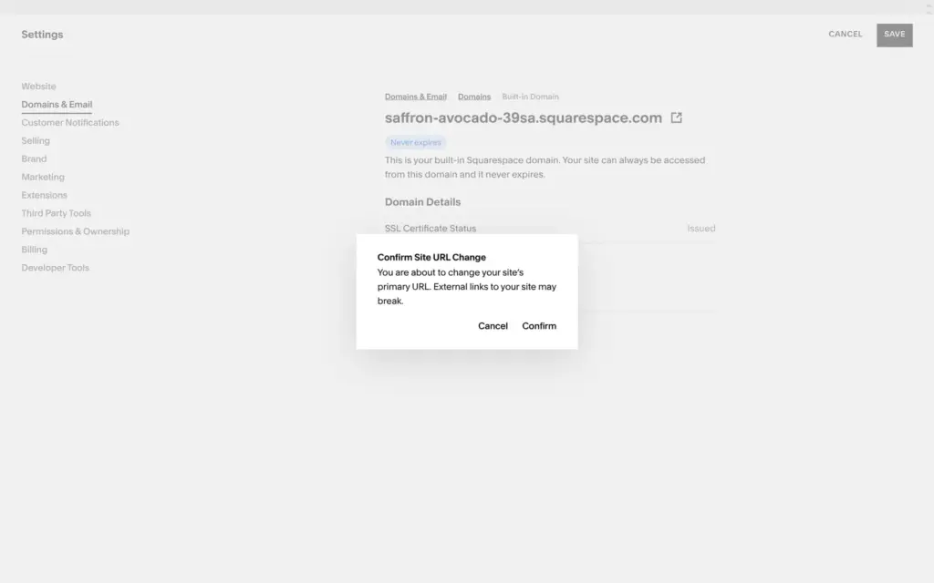 Warning that changing the site address can break links