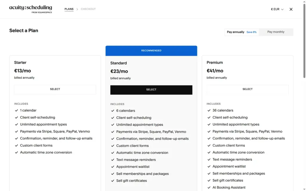 Acuity Scheduling plans with euro prices