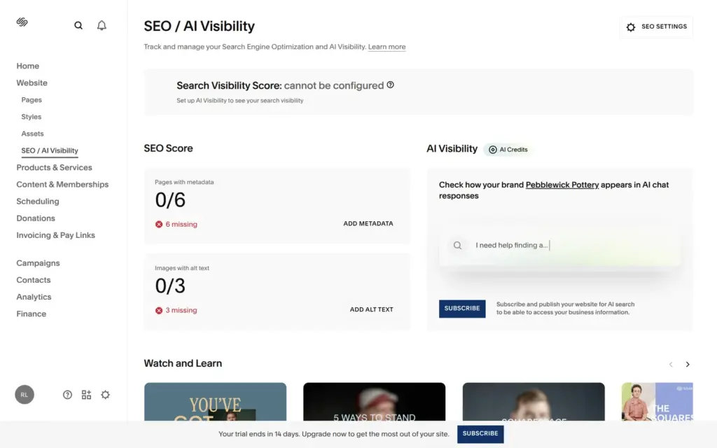 Squarespace SEO score with no page descriptions and no alt text