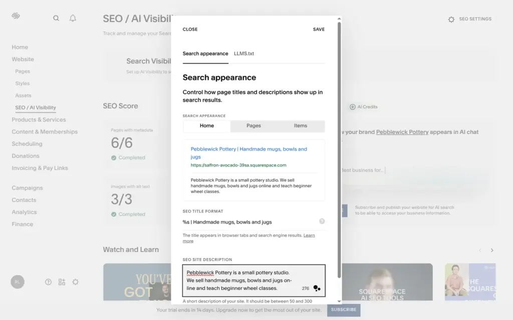 Search appearance settings with my own title format and description