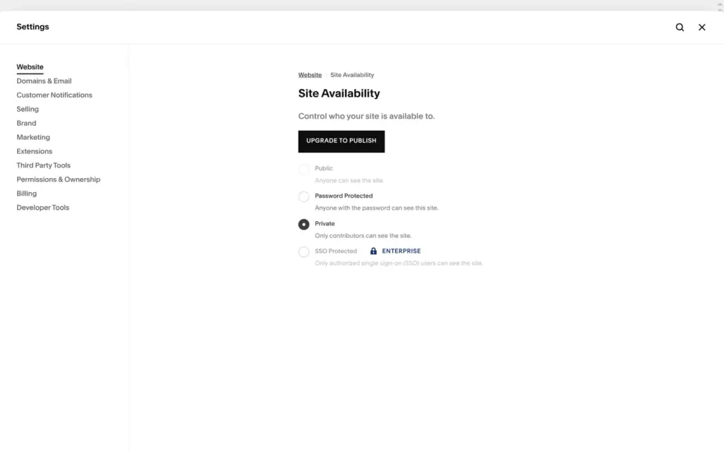 Site availability with Public greyed out on the trial
