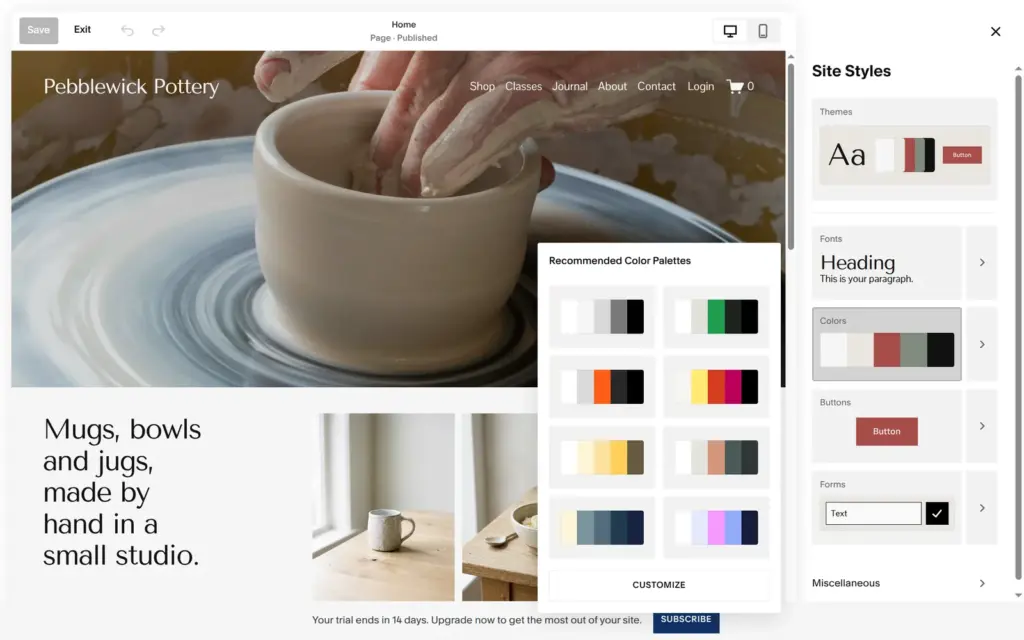 Suggested color palettes in Squarespace Site Styles
