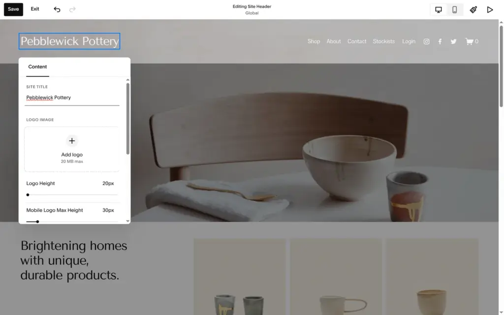 Changing the site title in the shared header in Squarespace