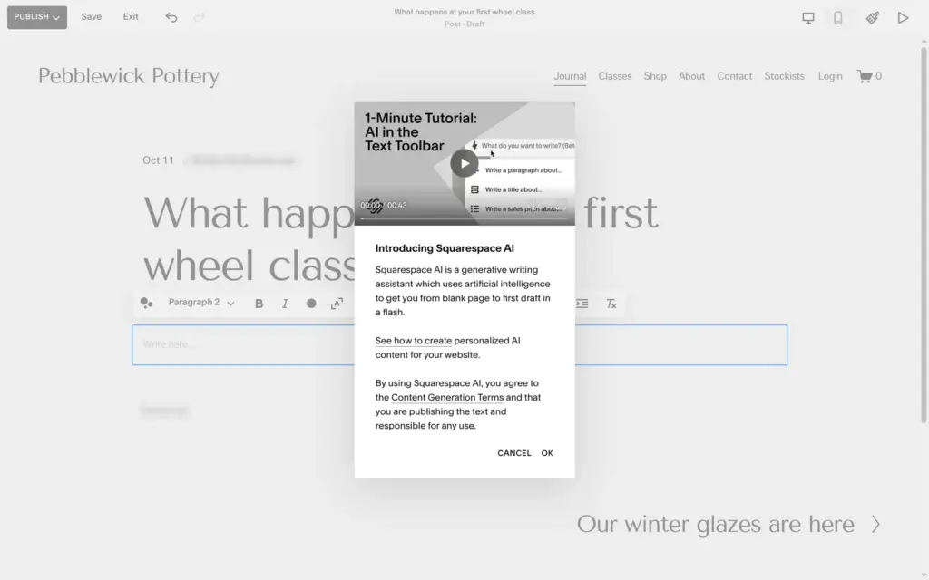 Introduction to Squarespace AI writing with its terms