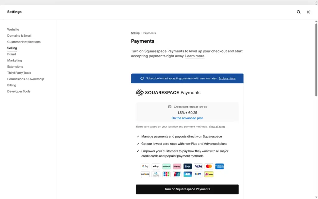 Squarespace Payments settings page with card rates