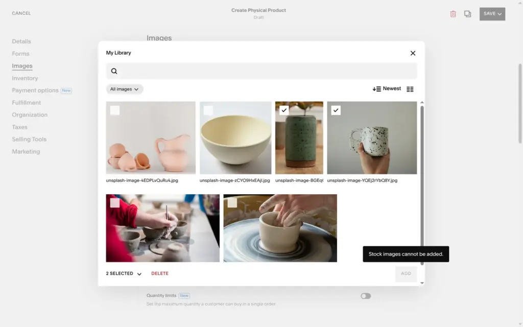 Squarespace message that stock images cannot be added to a product