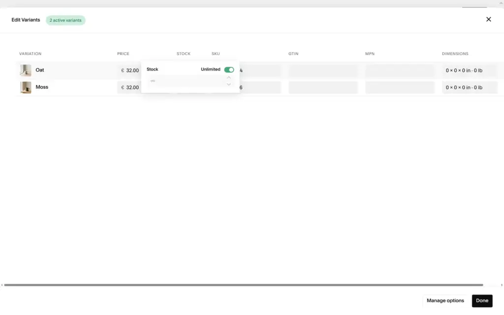 The stock popup with the Unlimited switch for a variant