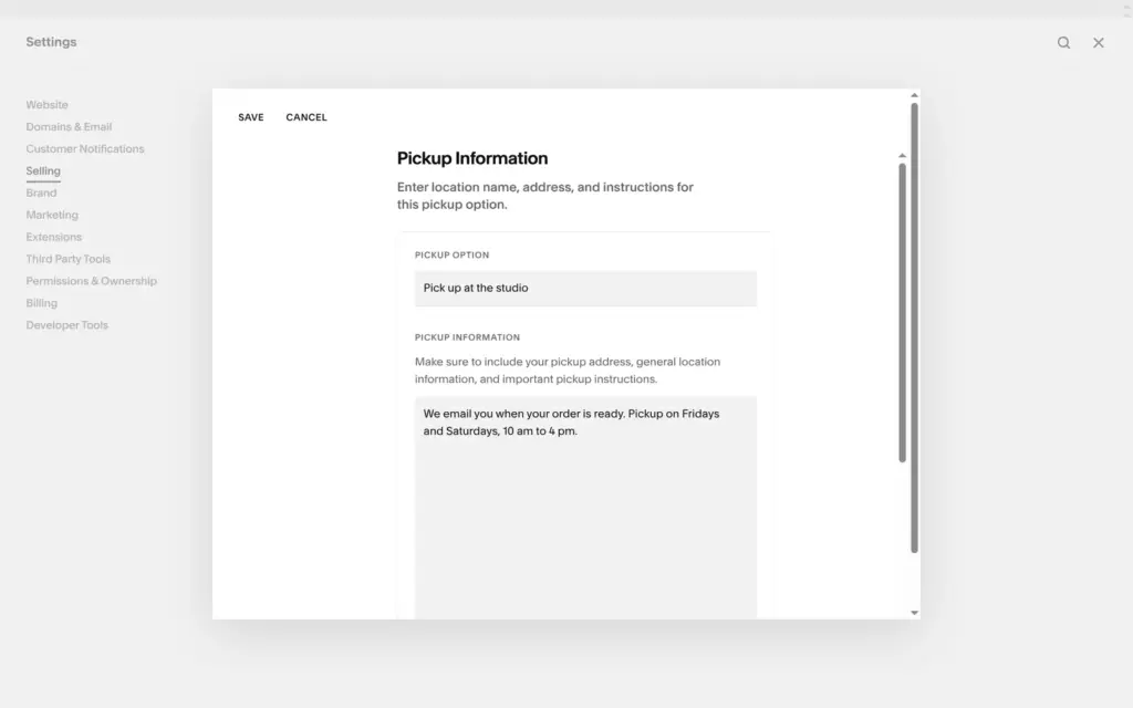Store pickup settings with pickup instructions