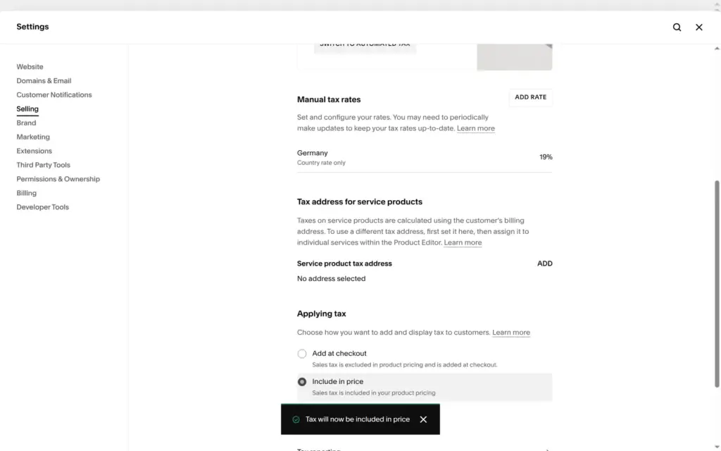 Tax setting switched to include tax in the price