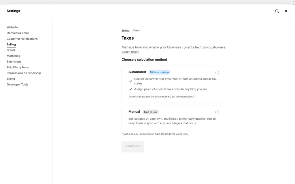 Choice between automated and manual tax in Squarespace