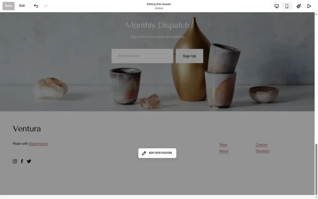 Template footer with Ventura, Made with Squarespace and social icons
