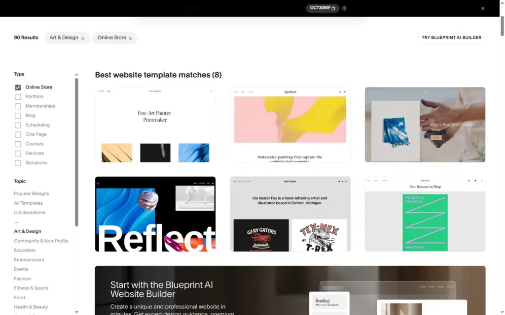 Squarespace template gallery filtered for online stores in art and design