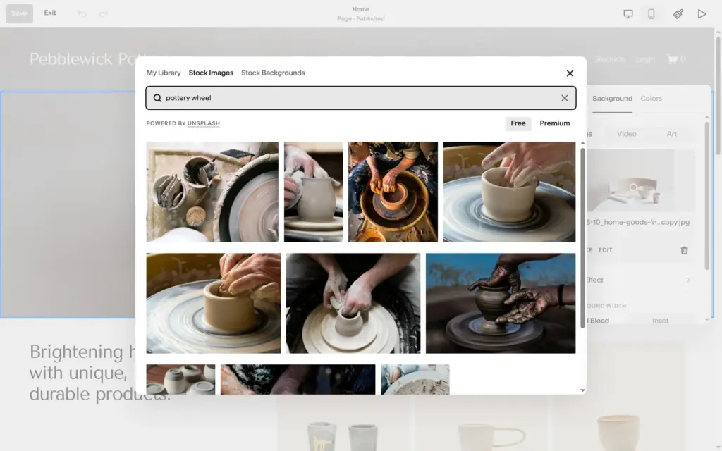 Searching free Unsplash photos inside the Squarespace editor