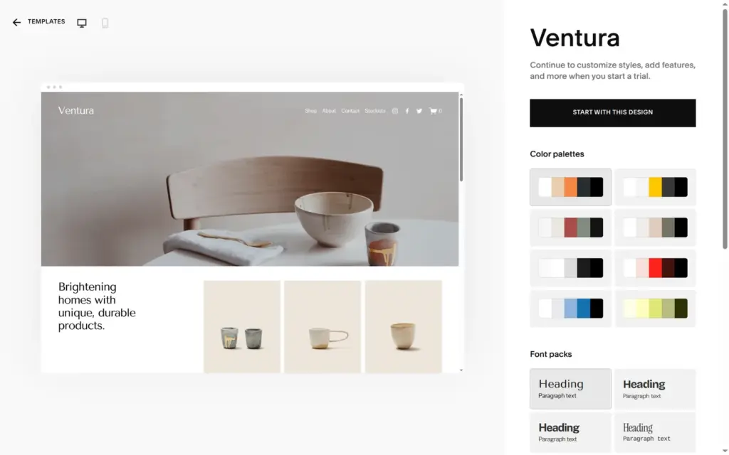 The Ventura template page with color palettes and font packs to try